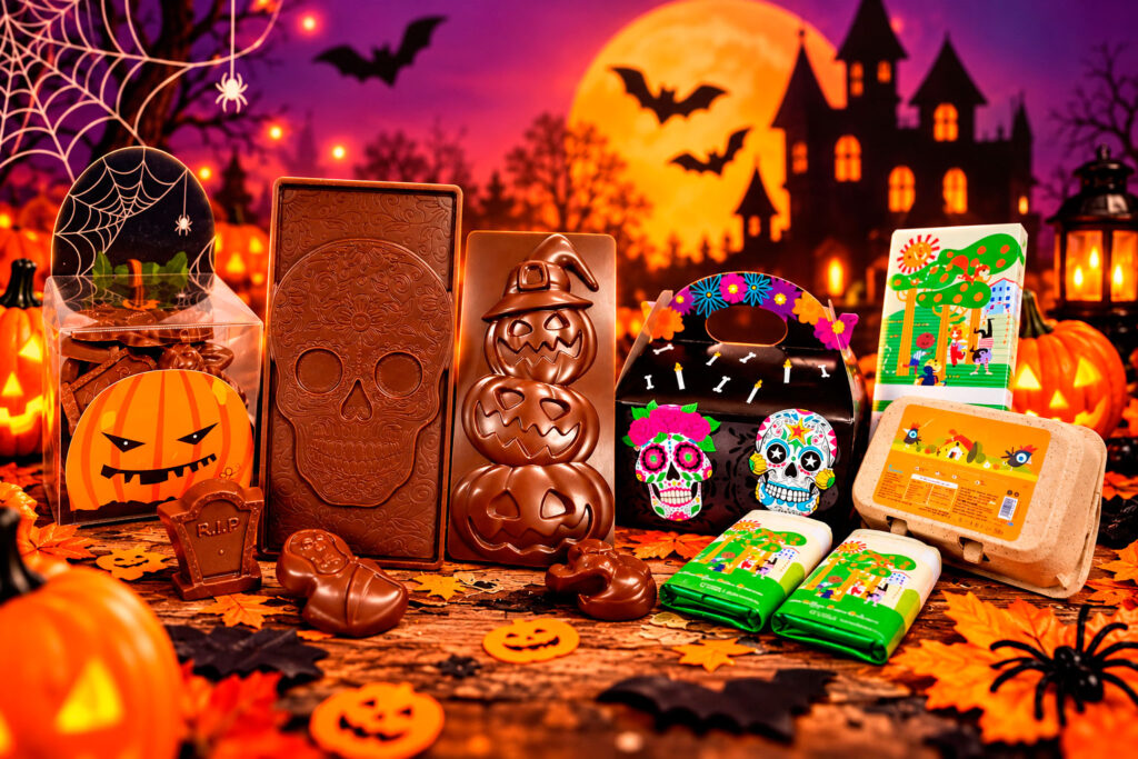 Chocolates de Halloween sin trazas de frutos secos de Xocomon con calaveras, calabazas y chocolatinas.